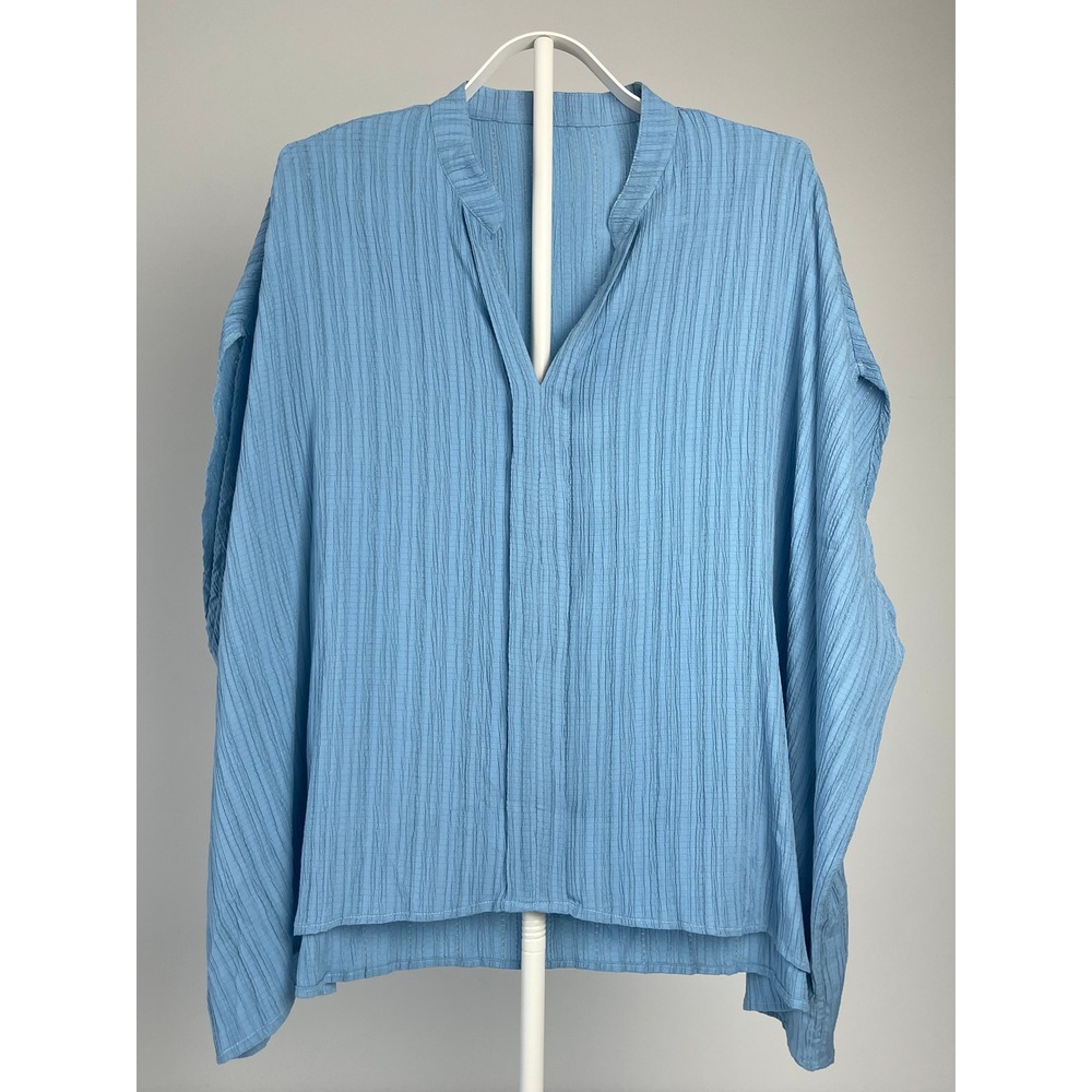 Womens Blue Crinkle Gauze Oversized Split V-Neck Top Size Large Relaxed Fit